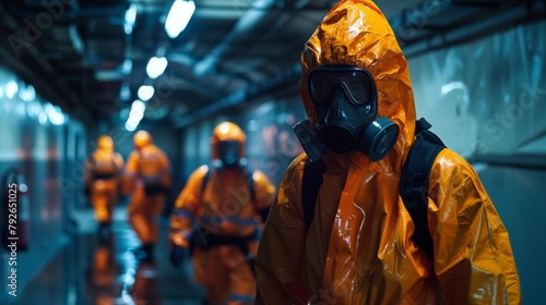 Emergency response team in neon-lit protective suits conducting a safety drill at a nuclear facility, preparing for potential hazards photo