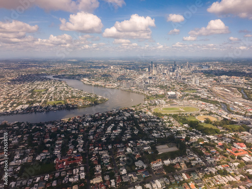 Brisbane city aerial view, CBD and river, suburbs suburbia, Queensland, Australia.  Travel, holiday, vacation destination.