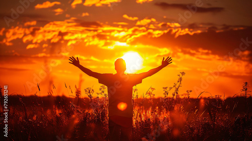 Man holding arms up in praise against sunset