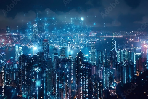Panoramic aerial view on city skyline with smart services and icons, internet of things, network and augmented reality concept, night scene with generative ai © MUdaylah