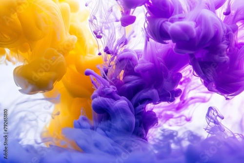 Dreamlike clouds of yellow and purple ink flow in water, ideal for abstract and artistic backgrounds. High quality illustration