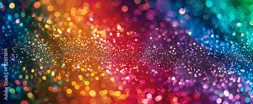 Multicolored sparkle background with bokeh effect with red blue green gold hues for festive backdrop. Abstract bokeh backdrop with vibrant rainbow colors and sparkling lights