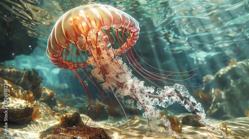 A detailed 3D depiction of a jellyfish in a tide pool, adapting its body to the confined space and shallow water