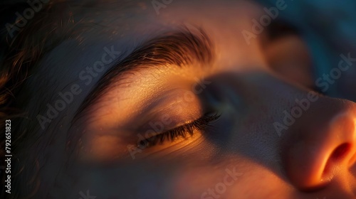 A closeup of a sleepers closed eyelids, subtly twitching during REM sleep, with a softfocus background of a darkened, peaceful bedroom, emphasizing the physical signs of this deep sleep stage photo
