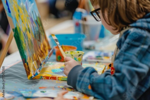 A community event where children with autism participate in art therapy sessions, expressing themselves creatively through painting and drawing, highlighting the importance of inclusive activities