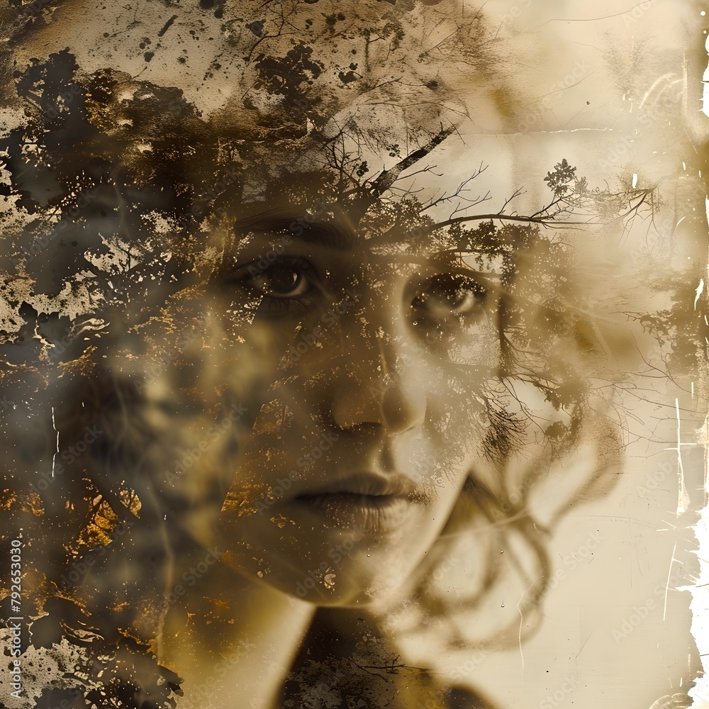 Ethereal Woman Blends with Nature in a Sepia Tone. Artistic Portrait ...