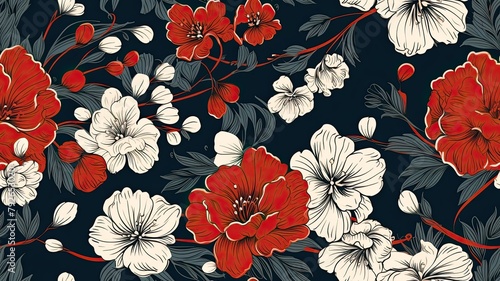 Vintage floral card. Beautiful garden flowers. Peonies, roses, tulips, lily, hydrangea on black background. SEAMLESS PATTERN
