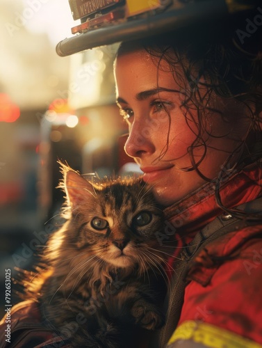 Grandscale epic, empathetic firefighter different, eyelevel, woman, comforting a scared cat rescued from a burning building Smoke fills the air behind them, creating a dramatic backdrop. photo