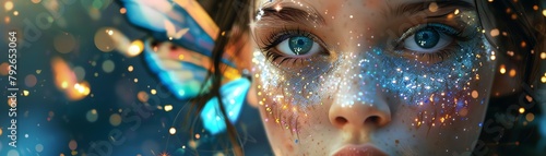 A fairy princess with iridescent makeup and tiny wings painted on her cheeks photo
