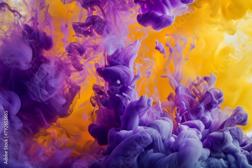 Dynamic interaction of purple and orange ink in water with a delicate diffusion creating an abstract effect. High quality illustration