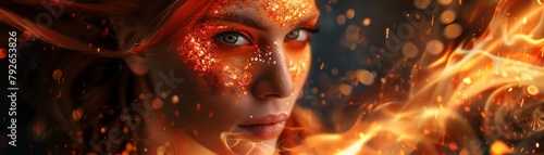 A fire princess with fiery red and orange makeup, like flames dancing on her skin photo