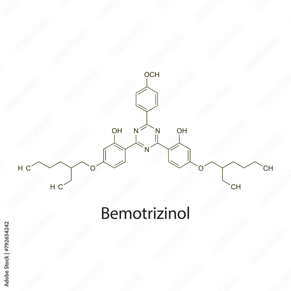 Bemotrizinol flat skeletal molecular structure used as Sunscreen. Vector illustration scientific diagram.