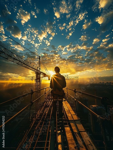 Grandscale epic, visionary engineer, eyelevel, Middle Eastern, inspecting a massive suspension bridge under construction Strong sunlight bathes the steel structure in a golden glow Majestic clouds dri photo