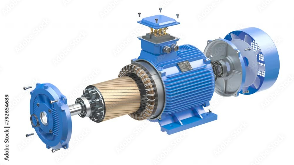 Electric motor parts and structure in a motion isolated on white background. 3d animation
