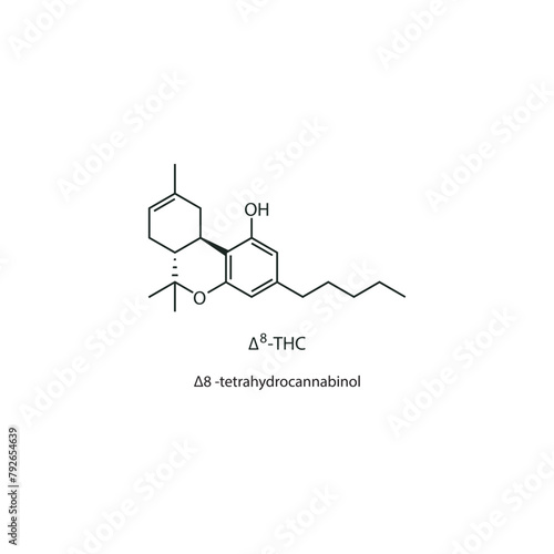 Δ8 -tetrahydrocannabinol, Δ8-THC-C5 skeletal structure diagram. compound molecule scientific illustration on white background.