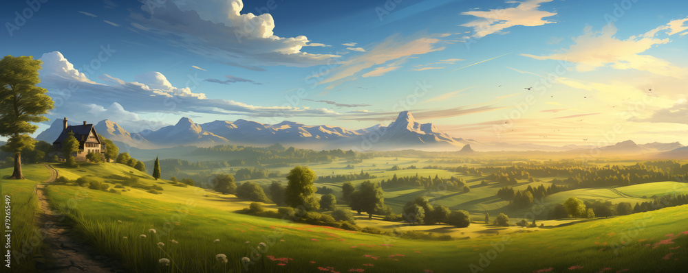 Beautiful rural landscape with vast plains, hills, mountains and blue sky, panoramic view, generated ai
