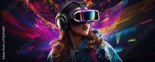 Young woman playing on futuristic headset on abstract digital dark background, VR glasses, generated ai