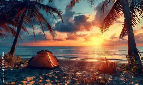Camping site on a beautiful tropical beach, generated ai