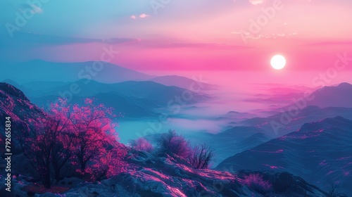 A serene landscape at dusk with a vibrant pink and purple sky, the sun setting over misty mountains, and a blossoming tree adorned with radiant flowers illuminating the foreground