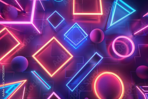 Neon-lit geometric shapes with vivid glow against a dark backdrop, symbolizing digital connectivity and futuristic design.