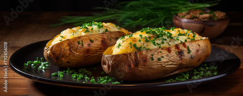 Hot baked potatoes with cheese and green herbs on wooden table, generated ai 