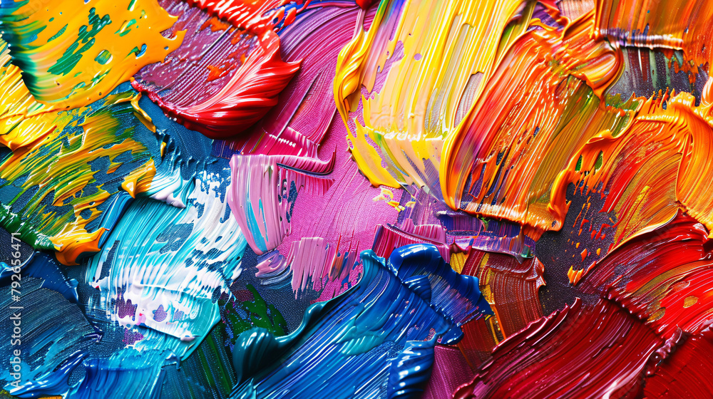 Messy colorful artistic paint brush strokes on canvas