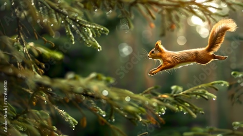 Jumping Squirrel in a Sunlit Forest  A Natural  Dynamic Scene Captured. Serene Wilderness Illustrated in Warm Light. Outdoor Photography. AI