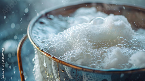 Metal bucket filled with foamy suds photo