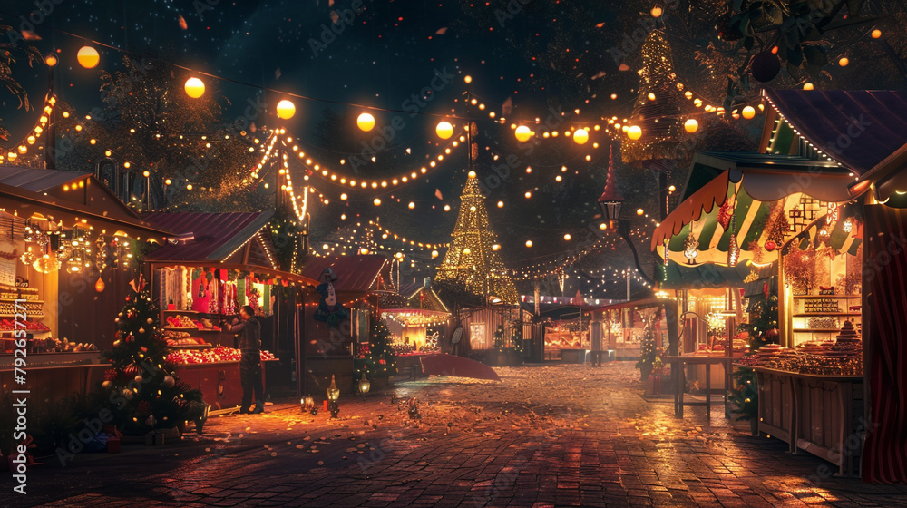A jubilant Christmas market with festive stalls and lights.