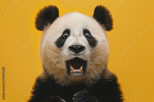 Panda looking surprised, reacting amazed, impressed, standing over yellow background