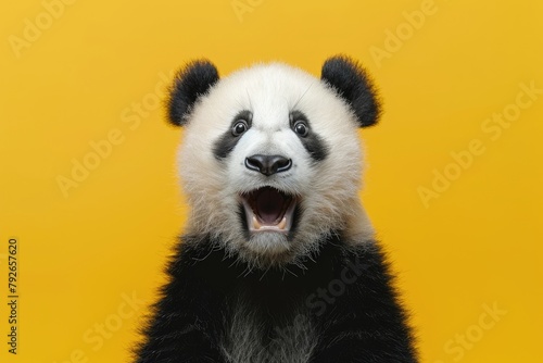 Panda looking surprised, reacting amazed, impressed, standing over yellow background © Zoraiz