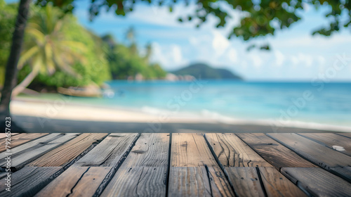 old wooden floor with beach background