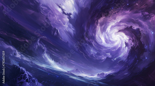 Space scene with a purple swirl in the middle. The swirl is surrounded by clouds and stars.