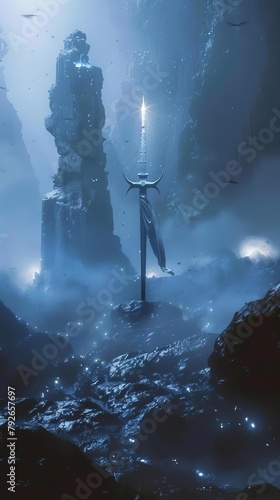 A fantasy scene featuring a magical sword stuck in a stone, surrounded by mystical lights and fog, invoking legends like King Arthur s Excalibur