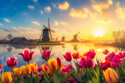 A field of tulips with a large windmill in the background #792657811