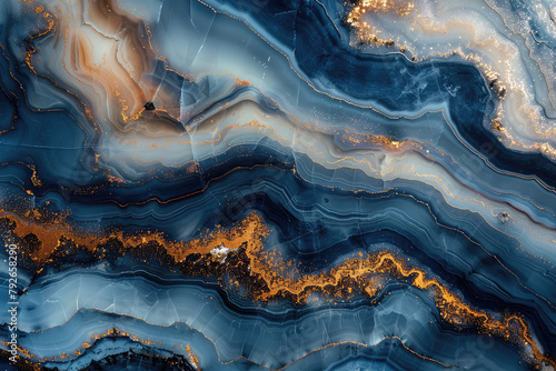 Abstract blue and gold marble pattern, flowing lines in the style of flowing lines. Created with Ai