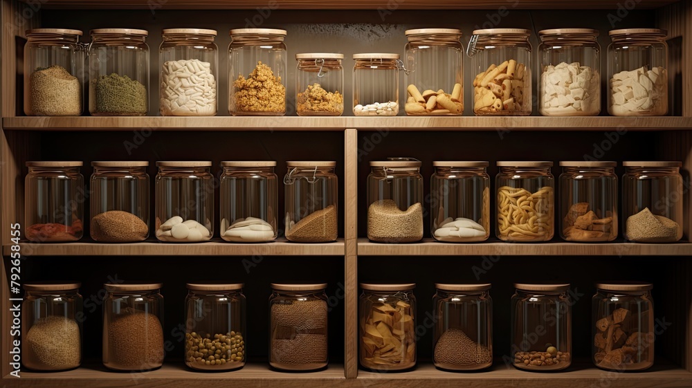 the vibrant array of spices neatly arranged on a shelf in a modern kitchen, showcasing their colors and variety.