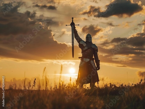 A medieval knight holding a gleaming broadsword aloft, standing on a grassy hill at sunset, embodying the romance and bravery of ancient warfare
