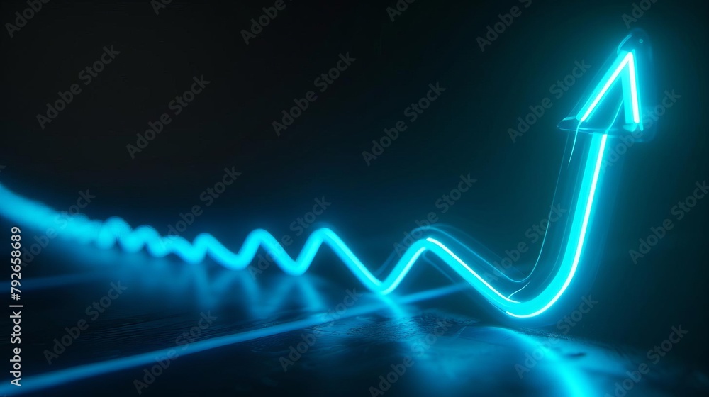 A single neon blue arrow curving upward against a dark background ...