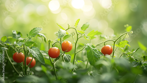 Red tomatoes on a summer day, green leaves of plants in sunlight close-up