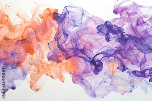 Soft, ethereal swirls of orange and purple ink floating in water, forming abstract patterns. High quality illustration