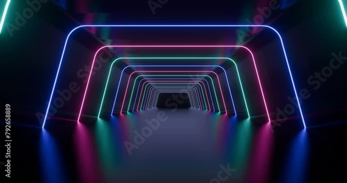 Futuristic interior background tunnel glowing colorful neon 3d animation