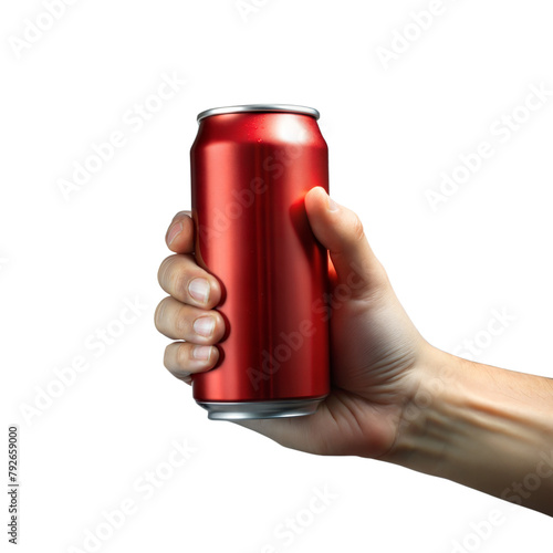 Hand holding a red soda can isolated on transparent background photo