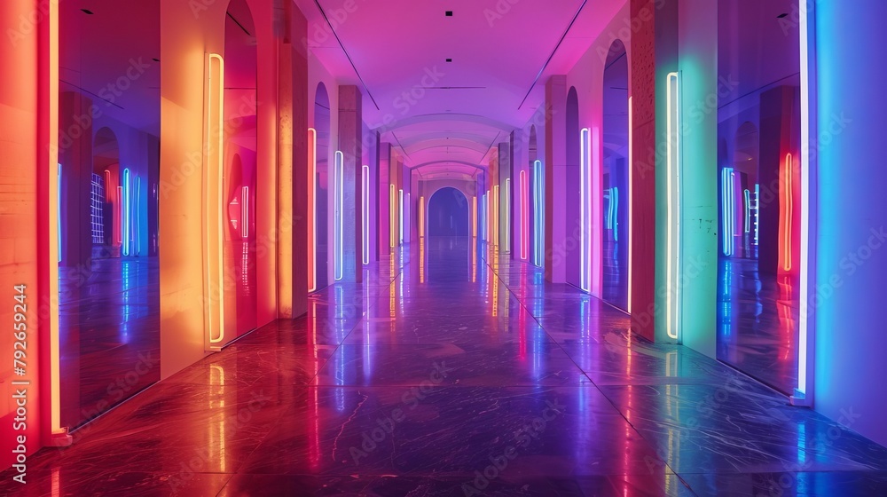 An art installation featuring a long hallway lined with mirrors and sequential neon tubes that light up in varying colors as visitors walk through, providing an immersive and interactive light experie