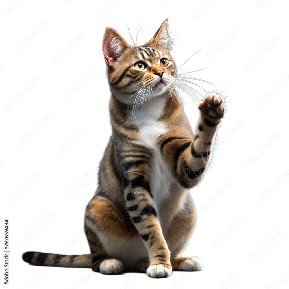 Striking pose of a playful domestic Bengal cat on one leg