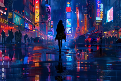A woman, dressed in fashionable attire, strolls down a busy city street at night, illuminated by streetlights. Generative AI