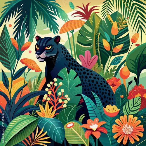 Veiled Power: Panther Illustration Among the Leaves, illustration, jungle, palms