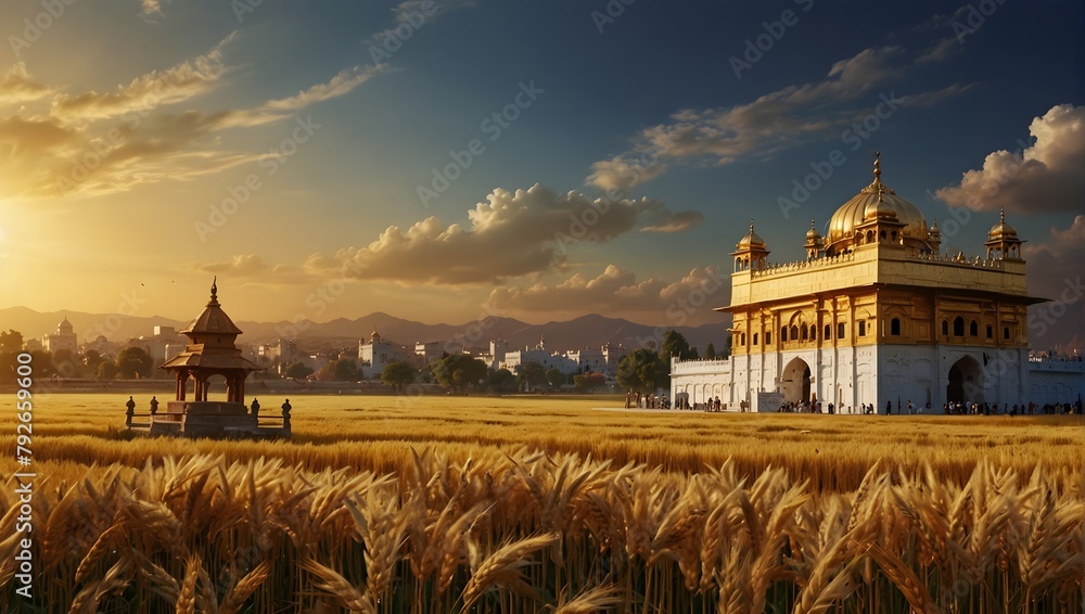 Baisakhi greeting card illustration featuring a wheat field and the Golden Temple Generative AI