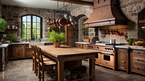 A wooden table in a kitchen surrounded by pots and pans