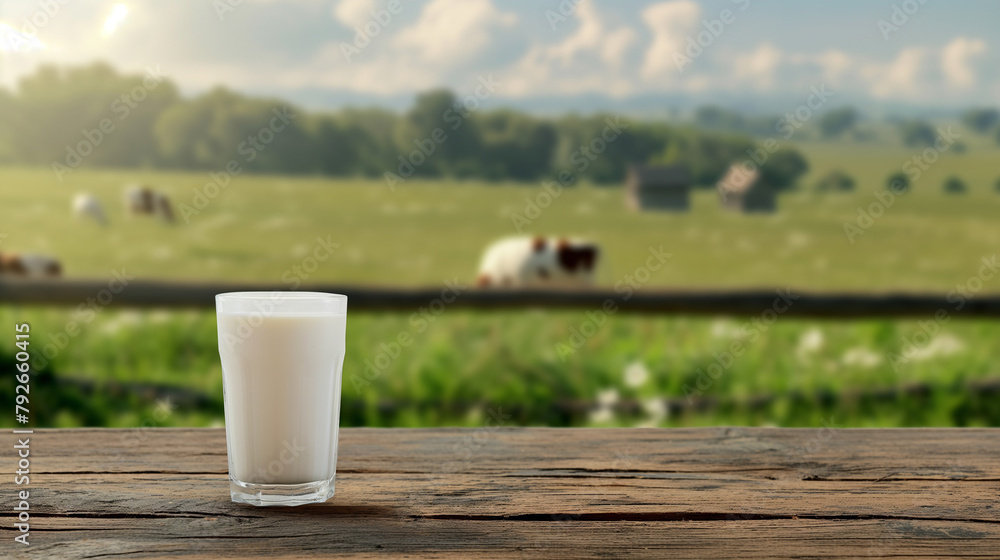Milk glass on wooden table with field background Milk glass on wooden table with field background